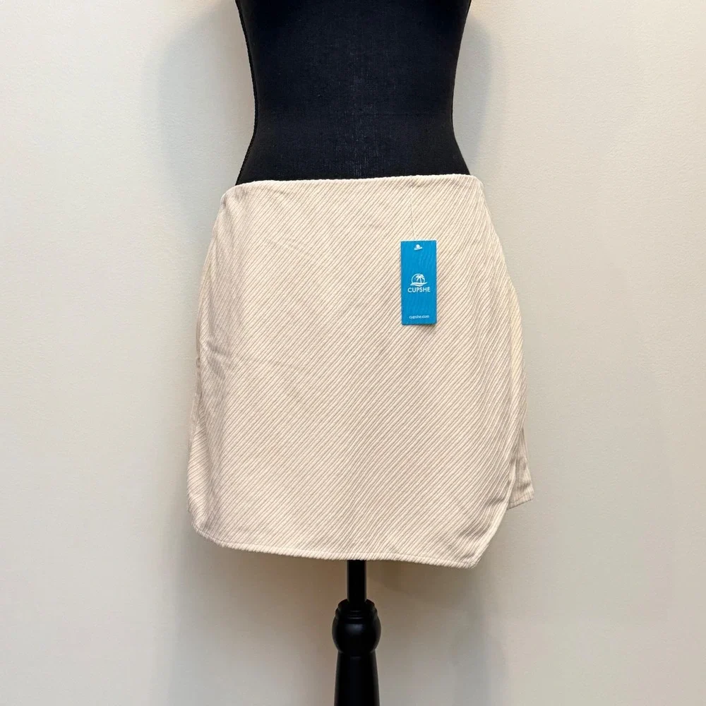 NEW Cupshe Corduroy Mini Skirt Cream Beige Ribbed Faux Wrap Women L Beach Casual